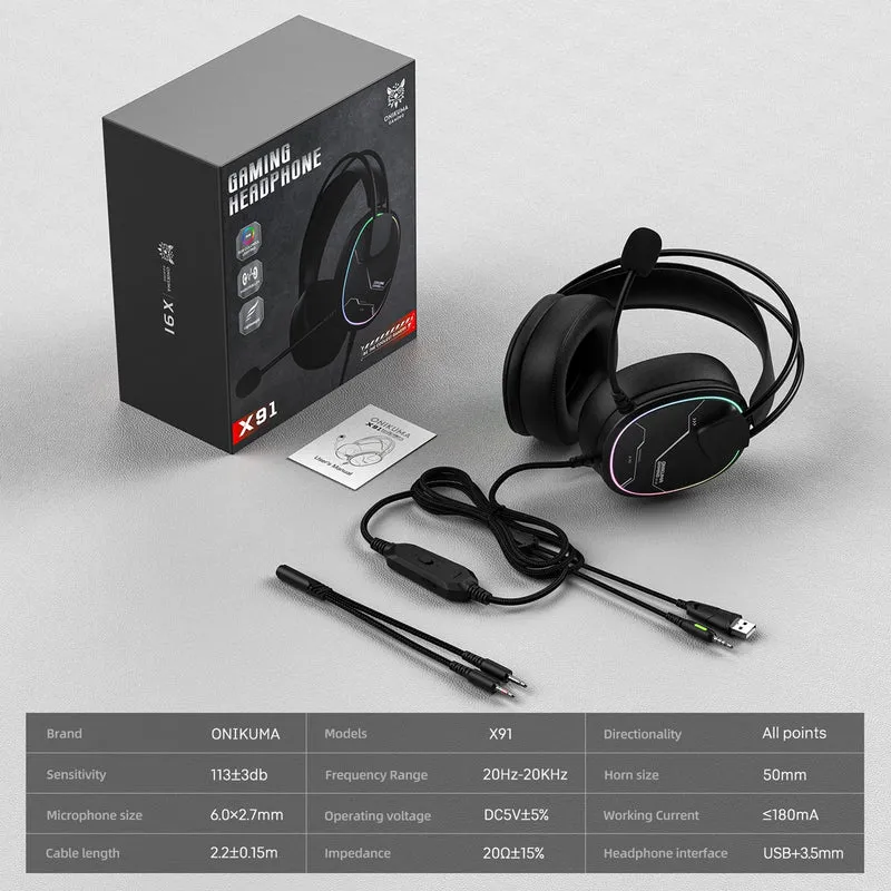 Onikuma X91 RGB Lightweight Gaming Headphone with Microphone (Black, Black/White)