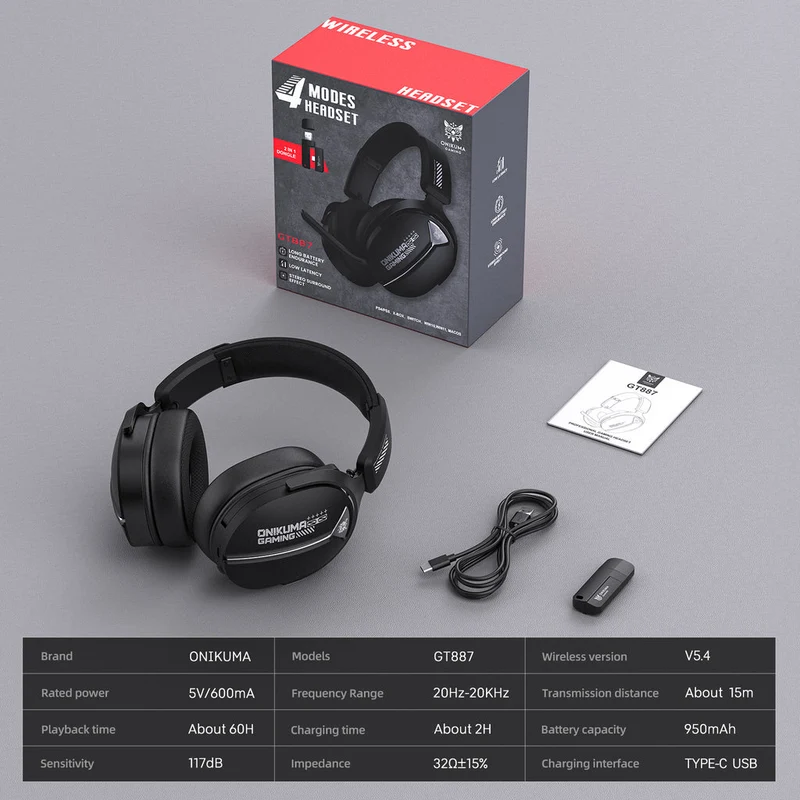 Onikuma GT887 4-Mode Gaming Headset with Microphone (Black, White/Black)