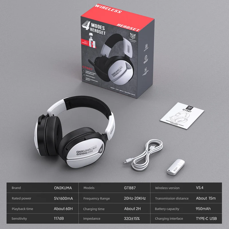 Onikuma GT887 4-Mode Gaming Headset with Microphone (Black, White/Black)