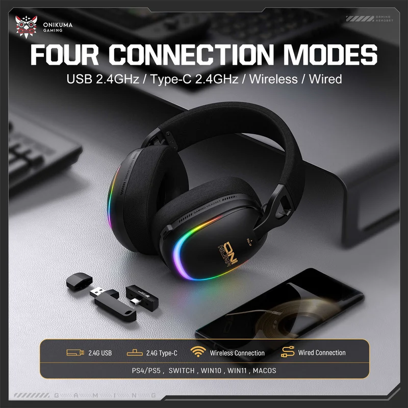Onikuma GT805 4-Mode RGB Gaming Headset (Black, White)