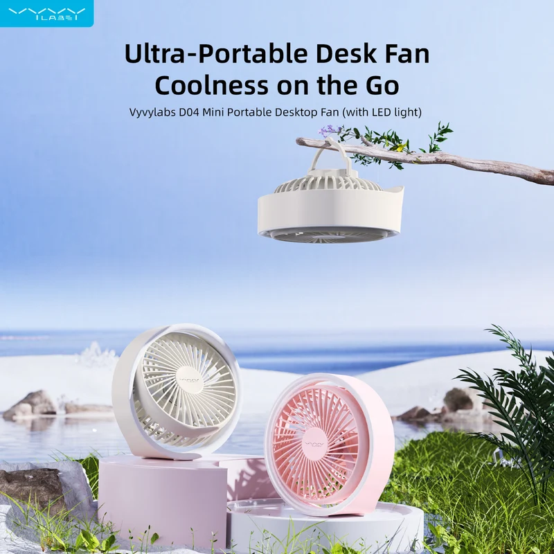 Vyvylabs D04 Mini Portable Desktop Fan with Led Light (White, Pink) (VKD04-WH, VKD04-PK)