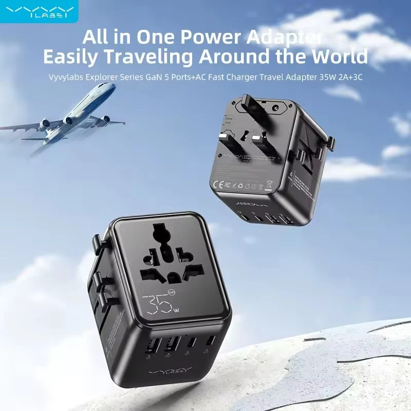 Vyvylabs Explorer Series GaN 5 Ports+AC Fast Charger Travel Adapter 35W 2A+3C (Black) (GAN35T-BK)