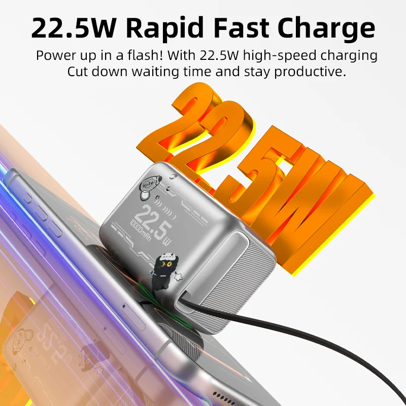 Vyvylabs BoostGo Power Bank 10000mAh 22.5W with Retractable C+L Fast Charging Cable (Silver) (XHD-G72-SLV)