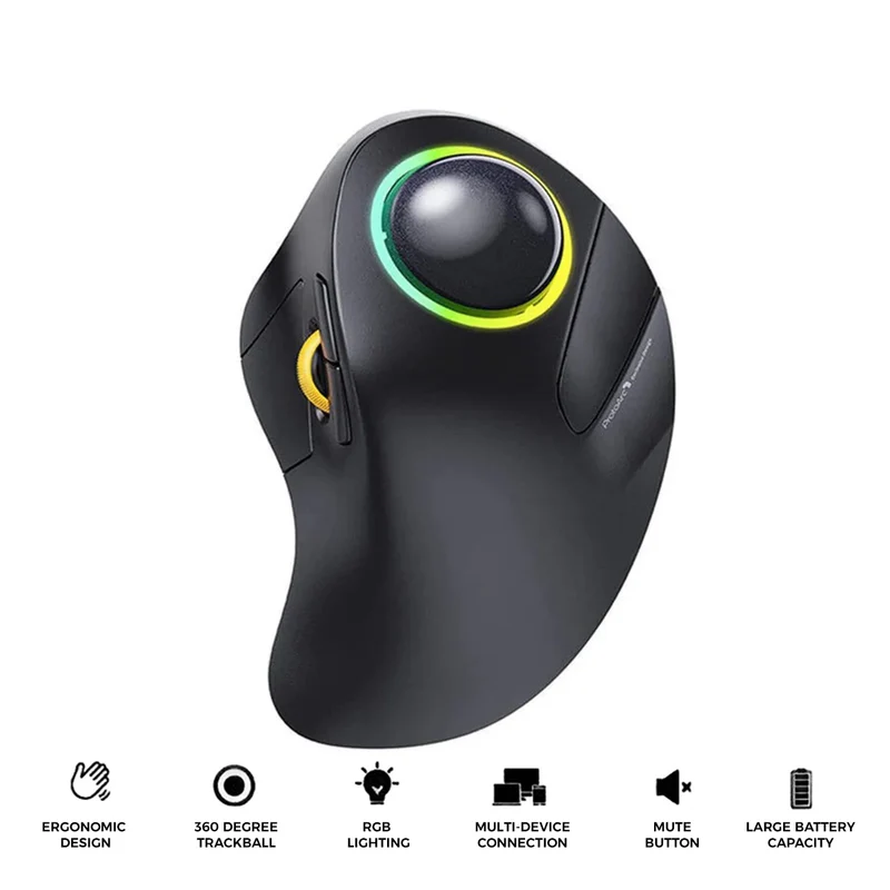 ProtoArc EM03 RGB Rechargeable Trackball Mouse (Black + Grey Ball) (CP012827)