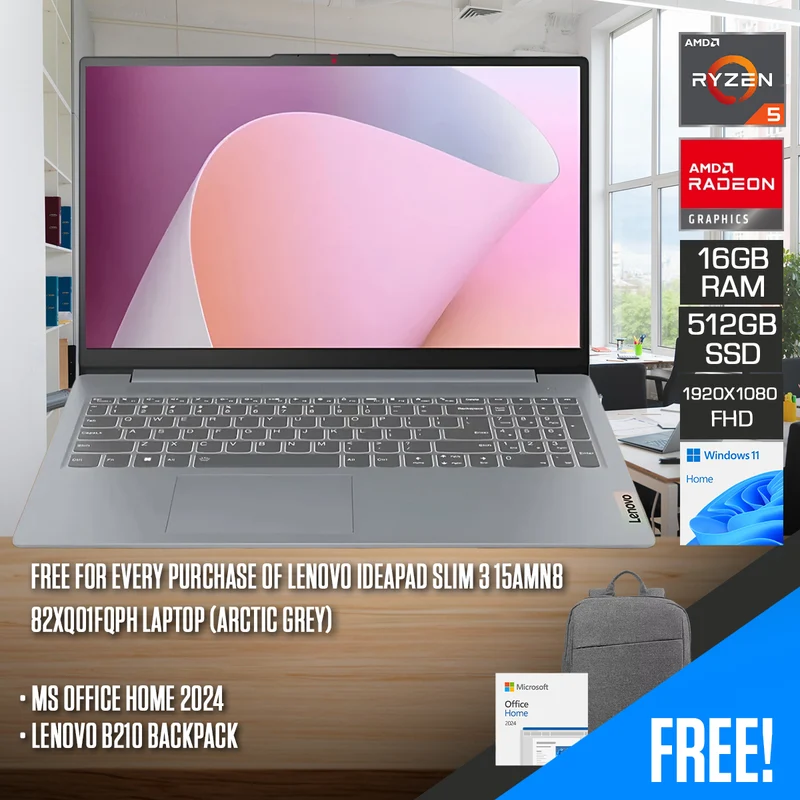 Lenovo IdeaPad Slim 3 15AMN8 82XQ01FQPH Laptop (Arctic Grey) | 15.6" FHD (1920x1080) TN | Ryzen 5 40 | 16GB RAM | 512GB SSD | AMD Radeon 610M Graphics | Windows 11 Home | MS Office Home 2024 + Lenovo B210 Backpack