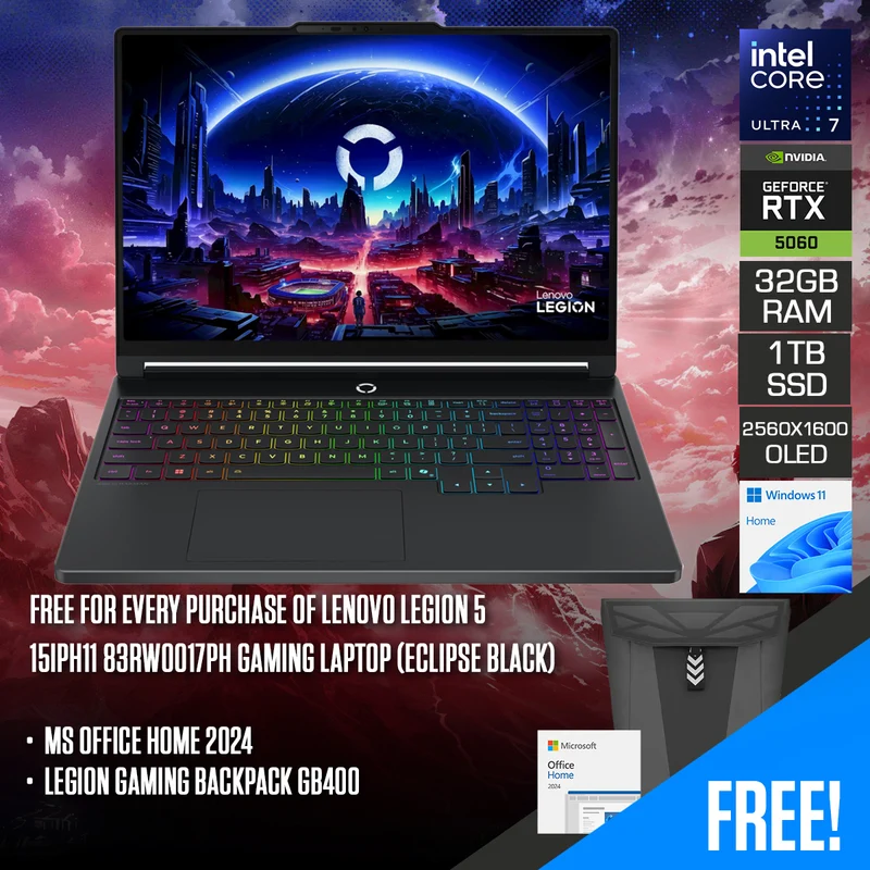 Lenovo Legion 5 15IPH11 83RW0017PH Gaming Laptop (Eclipse Black) | 15.3" WQXGA (2560x1600) OLED 165Hz | Core Ultra 7 356H | 32GB RAM | 1TB SSD | RTX 5060 | Windows 11 Home | MS Office Home 2024 + Legion Gaming Backpack GB400