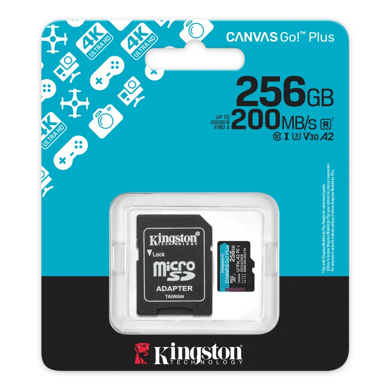 Kingston Canvas Go! Plus C10 UHS-I U3 V30 A2 200MB/s Read microSD Memory Card with SD Adapter (128GB, 256GB, 512GB, 1TB)