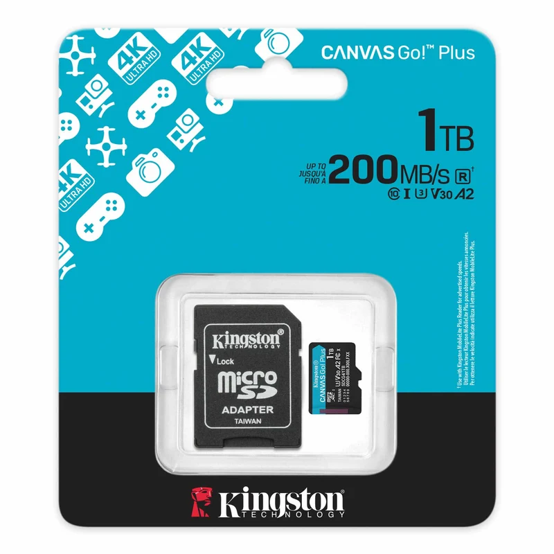 Kingston Canvas Go! Plus C10 UHS-I U3 V30 A2 200MB/s Read microSD Memory Card with SD Adapter (128GB, 256GB, 512GB, 1TB)