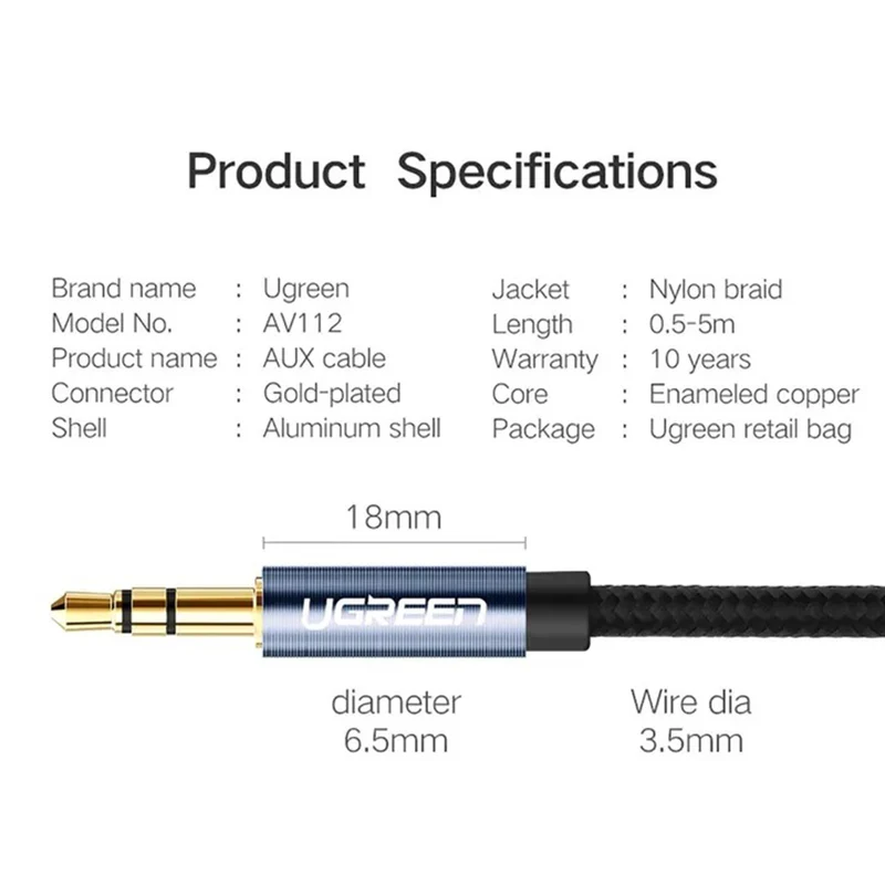 Ugreen 3.5mm Male to Male Round Cable - (1m, 1.5m, 2m, 3m)
