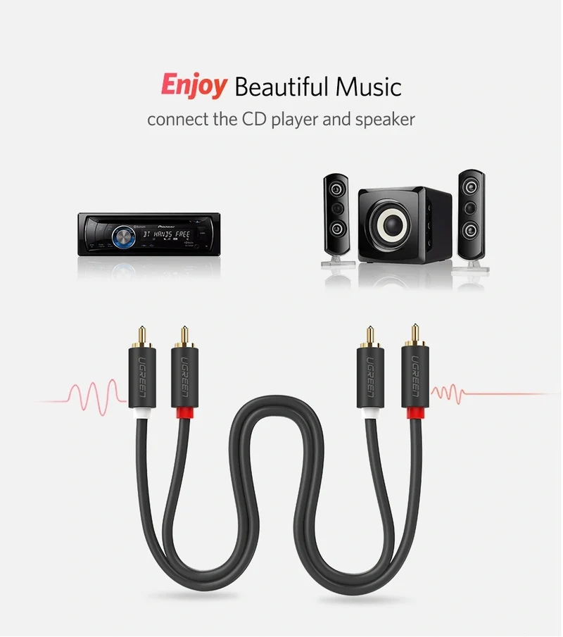 Ugreen 2 RCA Male to 2 RCA Male Audio Cable - (Black) (2m, 3m)