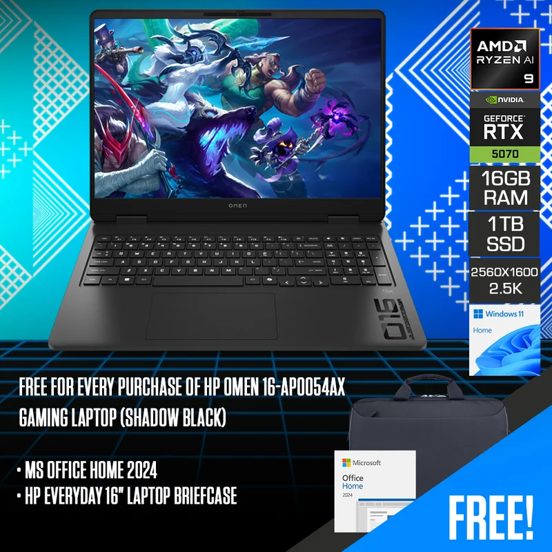 HP Omen 16-ap0054AX Gaming Laptop (Shadow Black) | 16" 2.5K (2560x1600) IPS 240Hz | Ryzen AI 9 365 | 16GB RAM | 1TB SSD | RTX 5070 8GB | Windows 11 Home | MS Office Home 2024 + HP Everyday 16" Laptop Briefcase