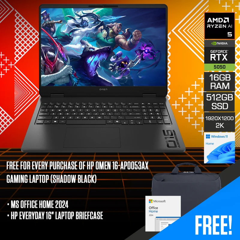 HP Omen 16-ap0053AX Gaming Laptop (Shadow Black) | 16" 2K (1920x1200) IPS 165Hz | Ryzen AI 5 340 | 16GB RAM | 512GB SSD | RTX 5050 8GB | Windows 11 Home | MS Office Home 2024 + HP Everyday 16" Laptop Briefcase