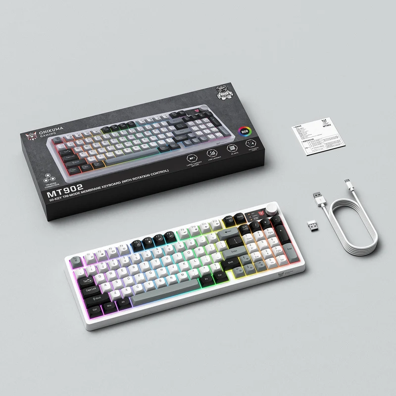 Onikuma MT902 Tri-Mode RGB 95 Keys Membrane Keyboard with Rotation Control (Black/White/Grey)
