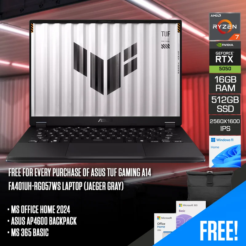 ASUS TUF Gaming A14 FA401UH-RG057WS Laptop (Jaeger Gray) | 14" 2.5K (2560x1600) 165Hz IPS | Ryzen 7 260 | 16GB RAM | 512GB SSD | RTX 5050 | Windows 11 Home | MS Office Home 2024 + MS 365 Basic + ASUS VP4700 Backpack