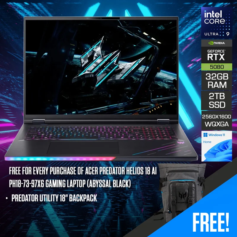 Acer Predator Helios 18 AI PH18-73-97X6 Gaming Laptop (Abyssal Black) | 18" WQXGA (2560x1600) 250Hz IPS | Core Ultra 9 275HX | 32GB RAM | 2TB SSD | RTX 5080 | Windows 11 Home | Predator Utility 18" Backpack