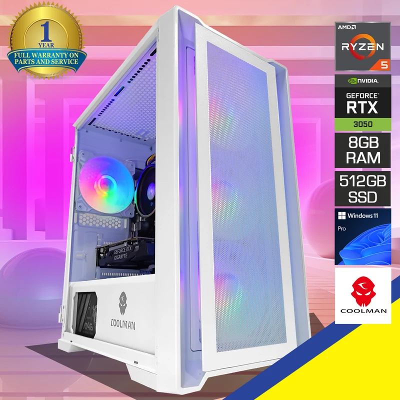 Alpha Ruby White Desktop Gaming PC | AMD Ryzen 5 5500 | 8GB RAM | 512GB SSD | RTX 3050 | Windows 11 Pro
