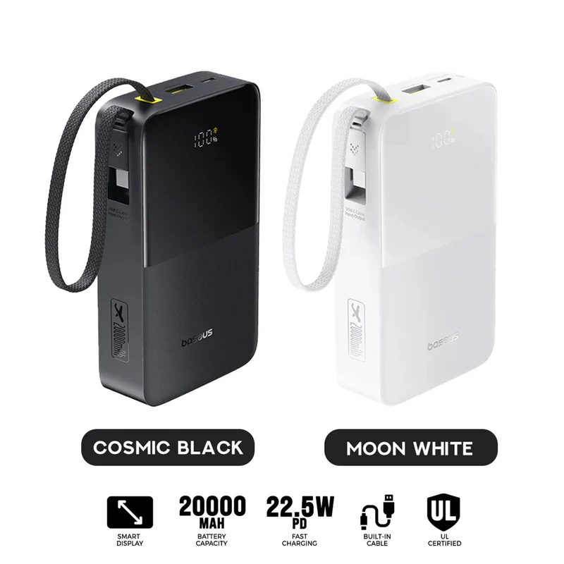 Baseus EnerFill FC51 Bipow 2 Pro Digital Display Power Bank with Built-in Cable 20000mAh 22.5W (Cosmic Black, Moon White) (A0027701, E0027700)