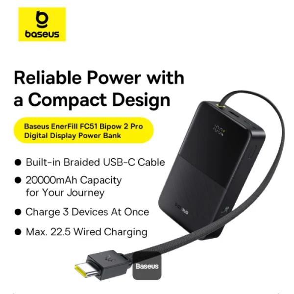 Baseus EnerFill FC51 Bipow 2 Pro Digital Display Power Bank with Built-in Cable 20000mAh 22.5W (Cosmic Black, Moon White) (A0027701, E0027700)