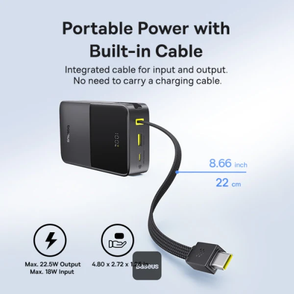 Baseus EnerFill FC51 Bipow 2 Pro Digital Display Power Bank with Built-in Cable 20000mAh 22.5W (Cosmic Black, Moon White) (A0027701, E0027700)