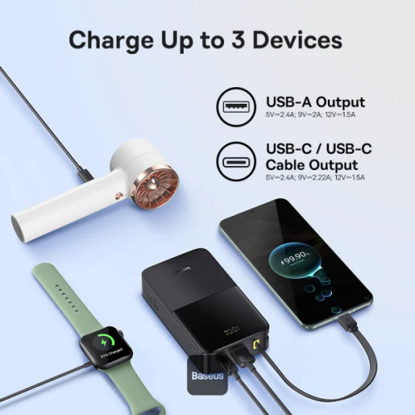 Baseus EnerFill FC51 Bipow 2 Pro Digital Display Power Bank with Built-in Cable 20000mAh 22.5W (Cosmic Black, Moon White) (A0027701, E0027700)