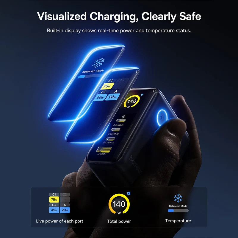 Baseus PicoGo AH11 Digital Display Fast Charger 3C+U 140W includes Dura Fast Charging Cable USB-C to USB-C 240W 1.5m (Cosmic Black) (E0122400)