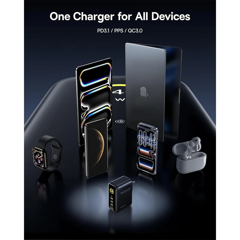 Baseus PicoGo AH11 Digital Display Fast Charger 3C+U 140W includes Dura Fast Charging Cable USB-C to USB-C 240W 1.5m (Cosmic Black) (E0122400)