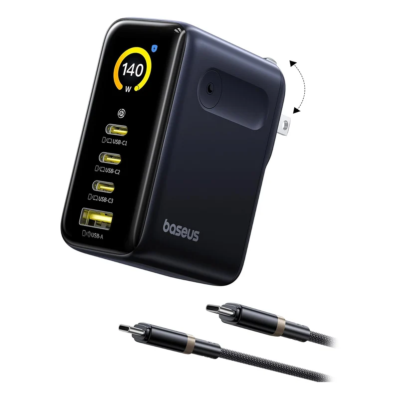 Baseus PicoGo AH11 Digital Display Fast Charger 3C+U 140W includes Dura Fast Charging Cable USB-C to USB-C 240W 1.5m (Cosmic Black) (E0122400)