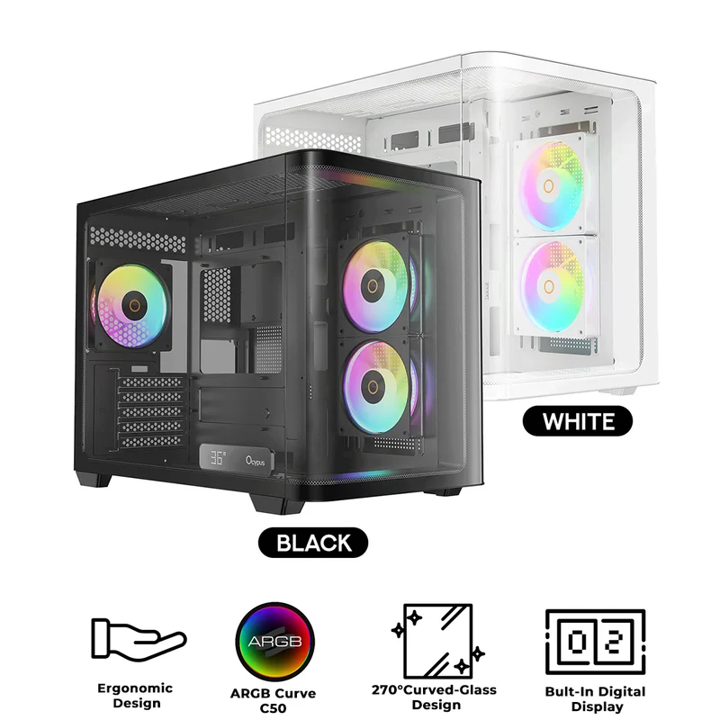 Ocypus Iota C50 Curve ARGB Digital Mini Tower PC Case (Black, White)