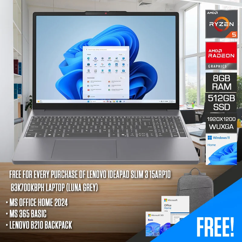 Lenovo IdeaPad Slim 3 15ARP10 83K700KBPH Laptop (Luna Grey) | 15.3" WUXGA (1920x1200) IPS | Ryzen 5 7535HS | 8GB RAM | 512GB SSD | Integrated AMD Radeon Graphics | Windows 11 Home | MS Office Home 2024 + MS 365 Basic + Lenovo B210 Backpack