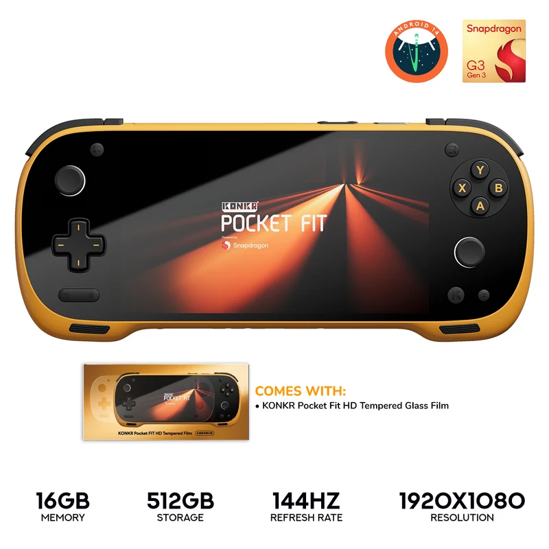 Ayaneo KONKR Pocket Fit Qualcomm Snapdragon G3 Gen 3 16GB + 512GB 6" (1920x1080) 144Hz LCD Display Handheld Gaming Console (Dragon Yellow) + KONKR Pocket Fit HD Tempered Glass Film