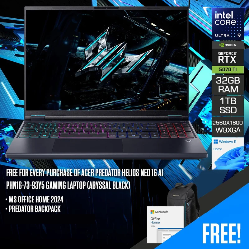 Acer Predator Helios Neo 16 AI PHN16-73-93Y5 Gaming Laptop (Abyssal Black) | 16 WQXGA (2560x1600) 240Hz IPS | Core Ultra 9 275HX | 32GB RAM | 1TB SSD | RTX 5070 Ti | Windows 11 Home | MS Office Home 2024 + Predator Backpack
