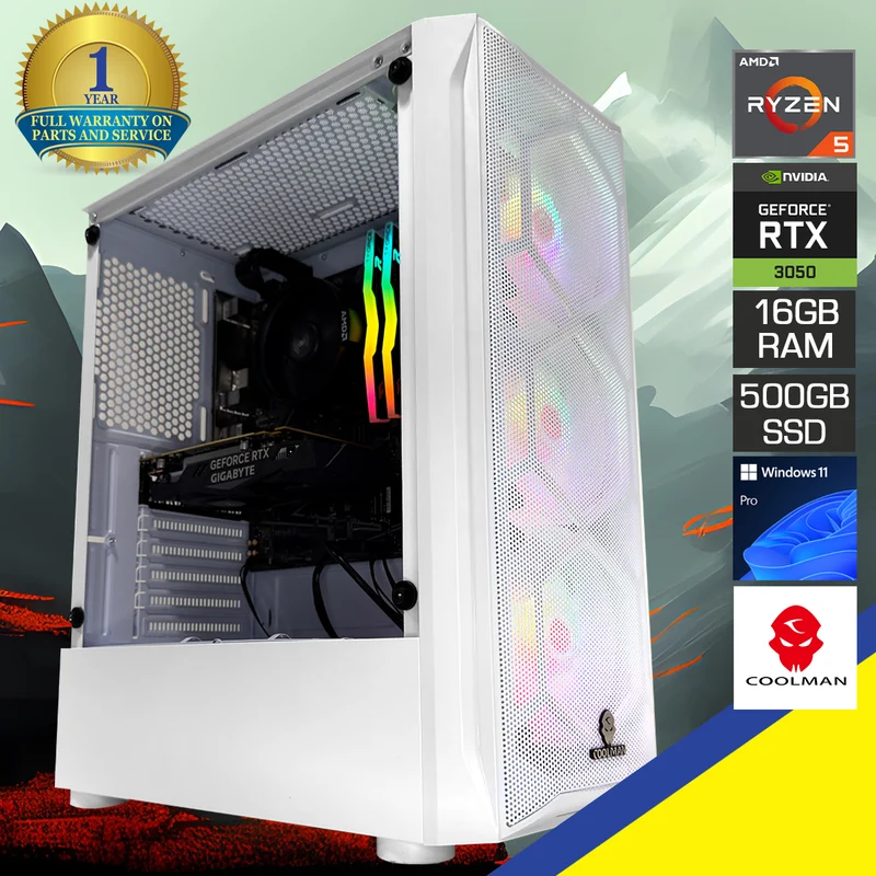 Alpha Aurora Gaming White Desktop Gaming PC | AMD Ryzen 5 5600 | 16GB RAM | 500GB SSD | RTX 3050 | Windows 11 Pro