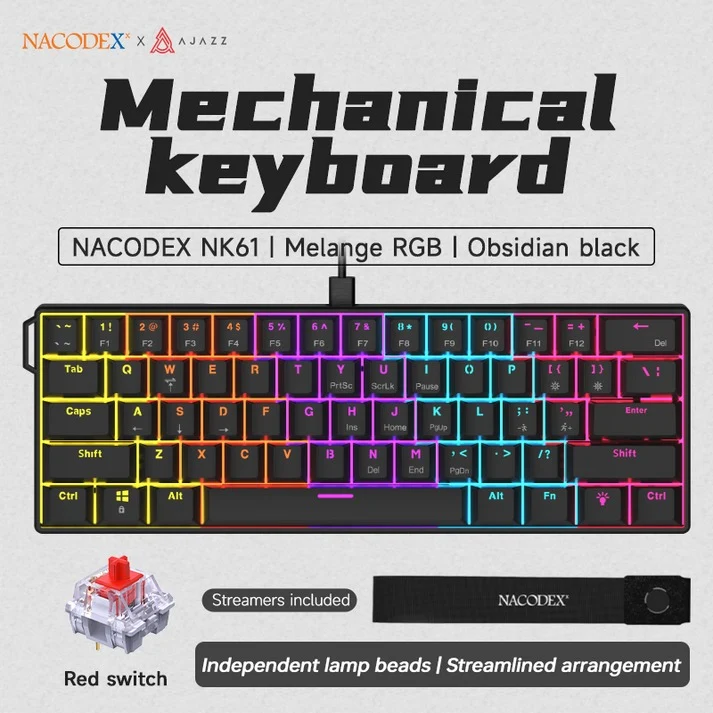 Nacodex x Ajazz NK61 Mixed Light 61 Keys Wired Hot-Swappable Mechanical Keyboard (Obsidian Black) (Red Switch)