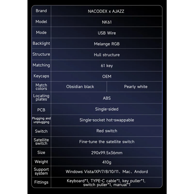 Nacodex x Ajazz NK61 Mixed Light 61 Keys Wired Hot-Swappable Mechanical Keyboard (Pearly White) (Red Switch)