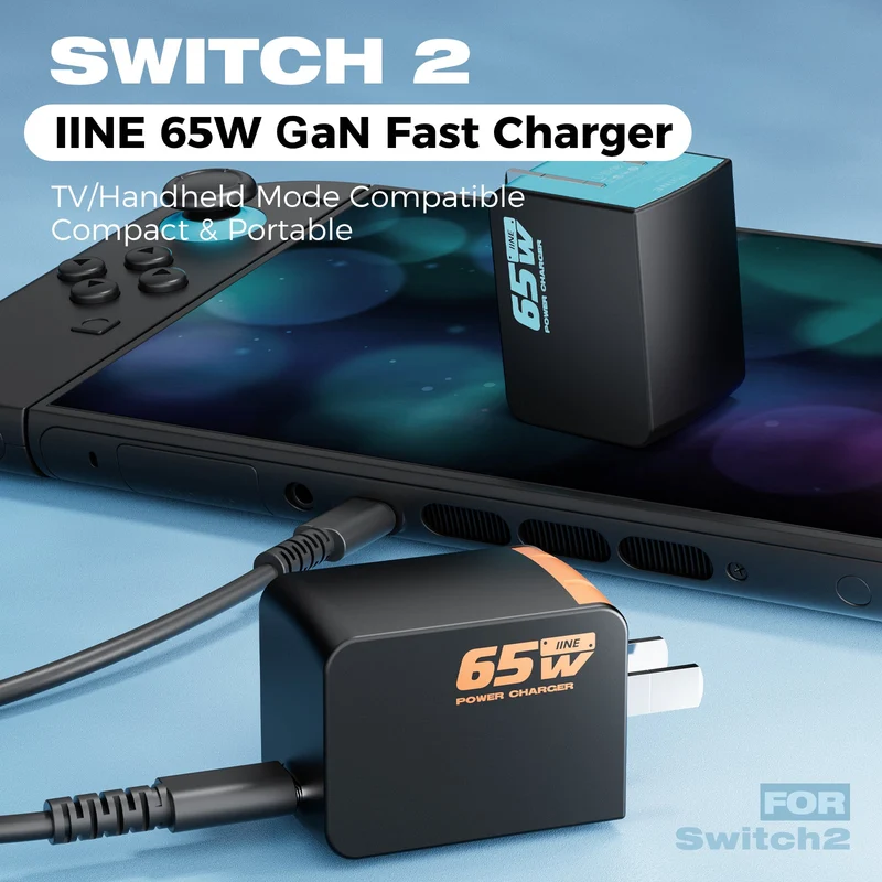 IINE 65W GaN Fast Charger for Nintendo Switch 2 (Black/Orange, Black/Blue)