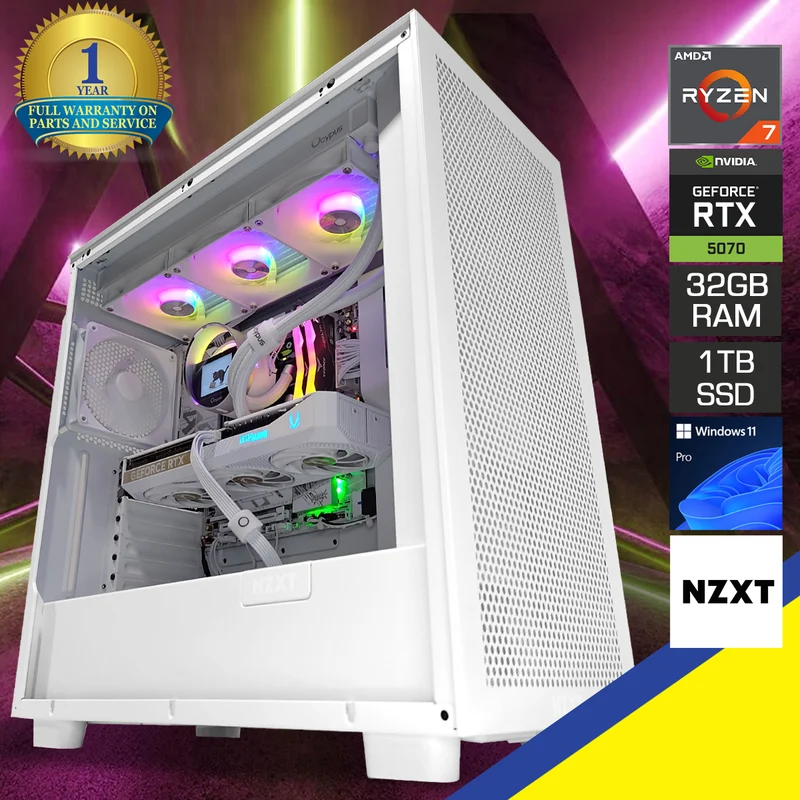 Optima H7 Flow White Desktop Gaming PC | AMD Ryzen 7 7800X3D | 32 GB RAM | 1 TB SSD | RTX 5070 | Windows 11 Pro