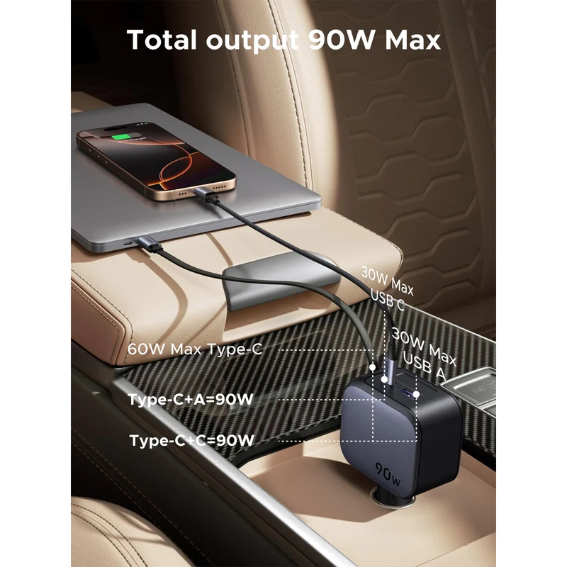 Ugreen Nexode 90W 1xUSB-C + 1xUSB-A Fast Car Charger with Retractable Cable for Laptops/Tablets/Phones (EC603/55909B)