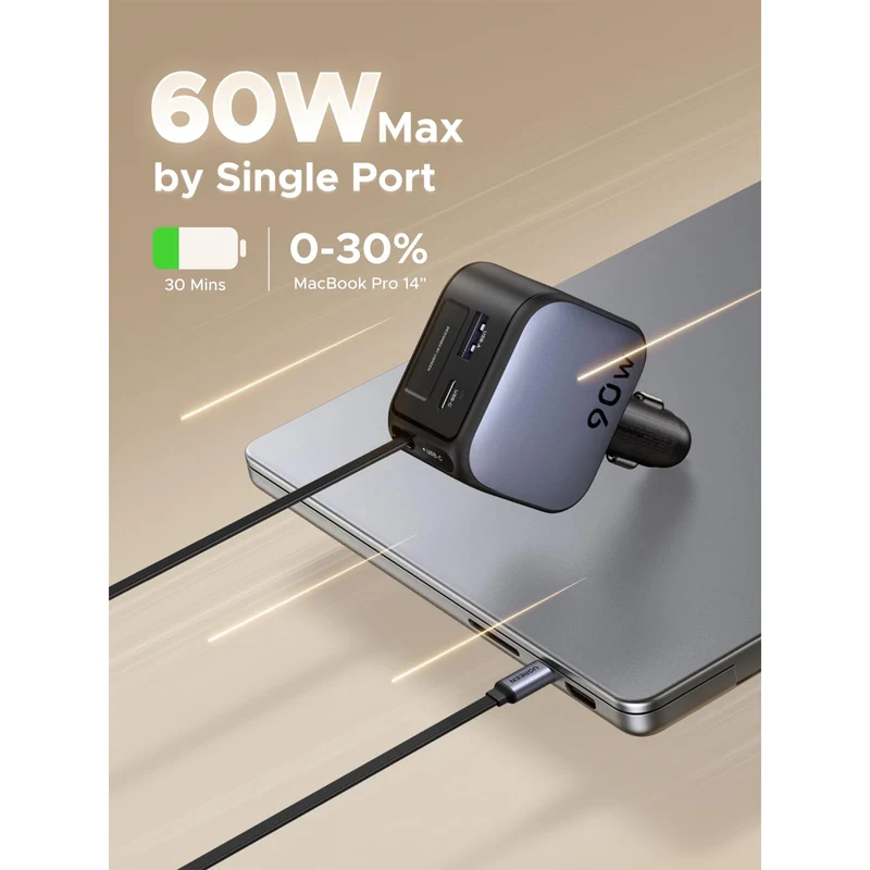Ugreen Nexode 90W 1xUSB-C + 1xUSB-A Fast Car Charger with Retractable Cable for Laptops/Tablets/Phones (EC603/55909B)