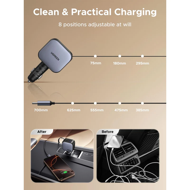 Ugreen Nexode 90W 1xUSB-C + 1xUSB-A Fast Car Charger with Retractable Cable for Laptops/Tablets/Phones (EC603/55909B)