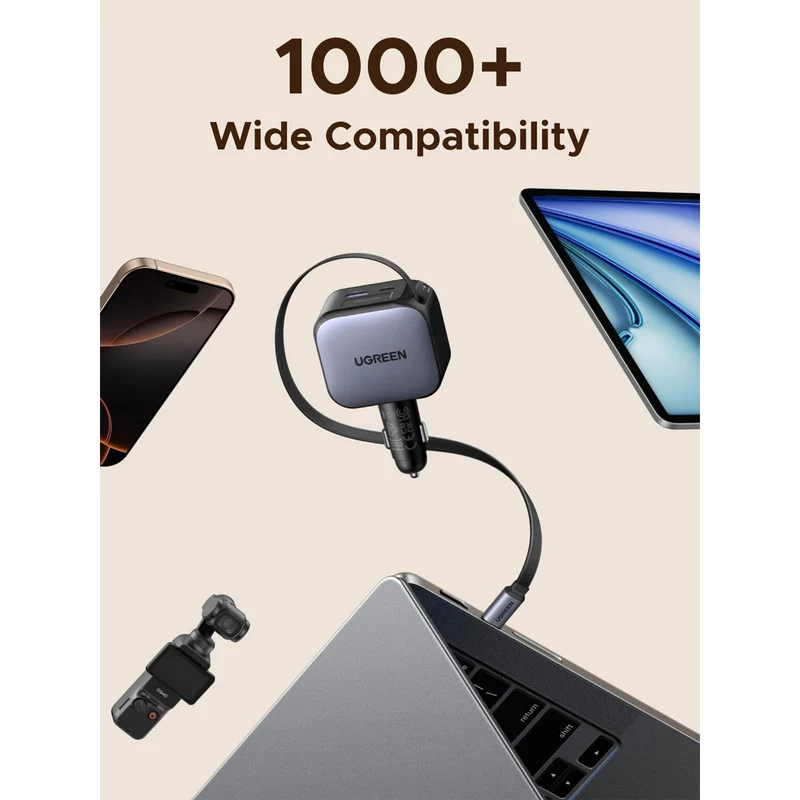 Ugreen Nexode 90W 1xUSB-C + 1xUSB-A Fast Car Charger with Retractable Cable for Laptops/Tablets/Phones (EC603/55909B)