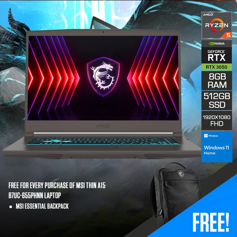 MSI Thin A15 B7UC-655PHNN Laptop | 15.6" FHD (1920x1080) 144Hz IPS | Ryzen 5 7535HS | 8GB RAM | 512GB SSD | RTX 3050 | Windows 11 Home | MSI Essential Backpack