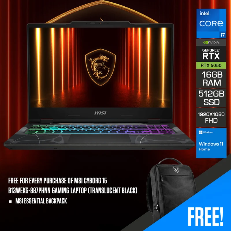 MSI Cyborg 15 B13WEKG-887PHNN Gaming Laptop (Translucent Black) | 15.6" FHD (1920x1080) 144Hz IPS | Core i7-13620H | 16GB RAM | 512GB SSD | RTX 5050 | Windows 11 Home | MSI Essential Backpack
