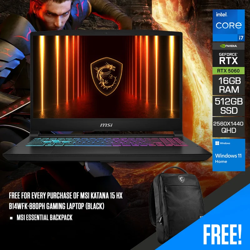MSI Katana 15 HX B14WFK-880PH Gaming Laptop (Black) | 15.6" QHD (2560x1440) 165Hz IPS | Core i7-14650HX | 16GB RAM | 512GB SSD | RTX 5060 | Windows 11 Home | MSI Essential Backpack