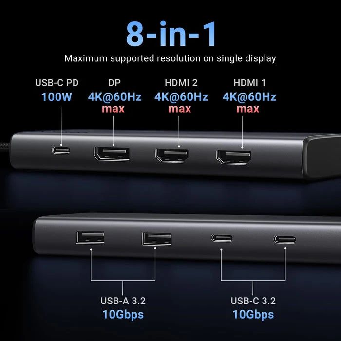 Ugreen 8-in-1 USB-C Hub - USB-C to 2xUSB-A 3.2 + 2xUSB-C 3.2 + 2xHDMI + DP + PD (CM639/35625)