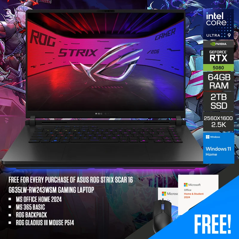 ASUS ROG Strix Scar 16 G635LW-RW243WSM Gaming Laptop | 16" 2.5K (2560x1600) Mini LED 240Hz | Core Ultra 9 275HX | 64GB RAM | 2TB SSD | RTX 5080 | Windows 11 Home | MS Office Home 2024 + MS 365 Basic + ROG Backpack + ROG Gladius III Mouse P514
