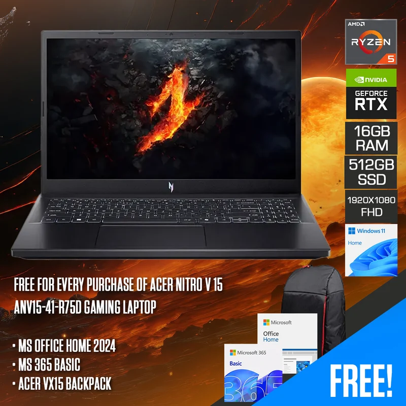 Acer Nitro V 15 ANV15-41-R75D Gaming Laptop | 15.6" FHD (1920x1080) 165Hz IPS | Ryzen 5 6600H | 16GB RAM | 512GB SSD | RTX 4050 | Windows 11 Home | MS Office Home 2024 + MS Office 365 Basic + Acer VX15 Backpack
