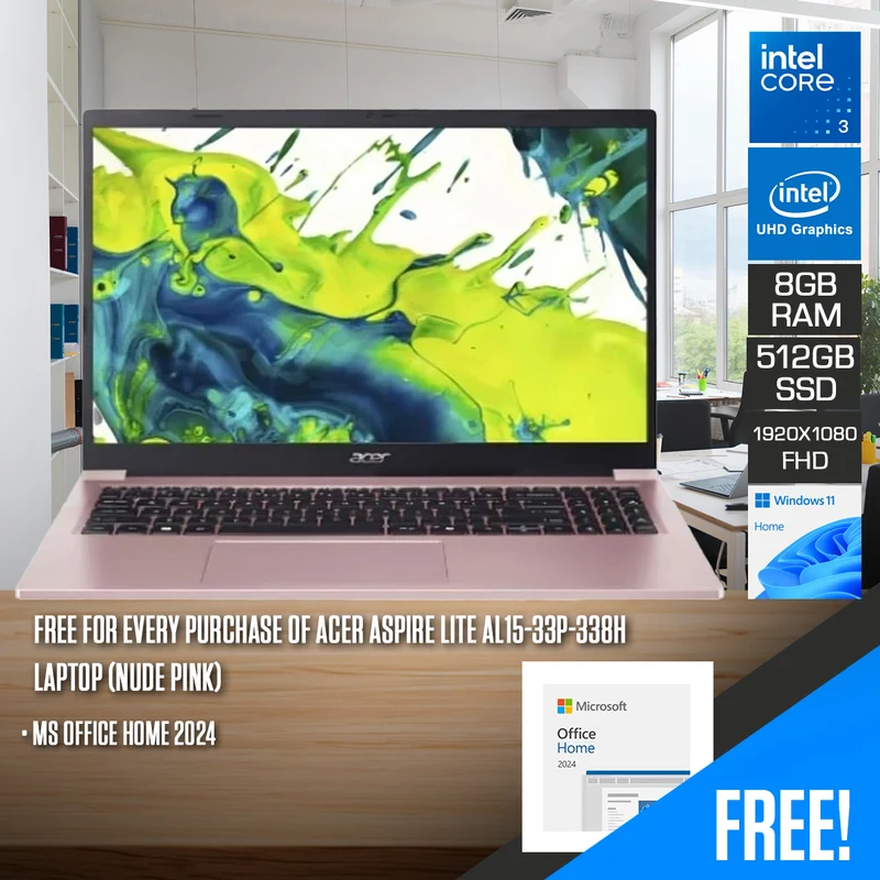 Acer Aspire Lite AL15-33P-338H Laptop (Nude Pink) | 15.6" FHD (1920x1080) IPS | Core 3 N350 | 8GB RAM | 512GB SSD | Intel UHD Graphics | Windows 11 Home | MS Office Home 2024