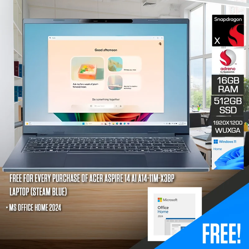 Acer Aspire 14 AI A14-11M-X3BP Laptop (Steam Blue) | 14" WUXGA (1920x1200) IPS | Snapdragon X1-26-100 | 16GB RAM | 512GB SSD | Qualcomm Adreno GPU | Windows 11 Home | MS Office Home 2024