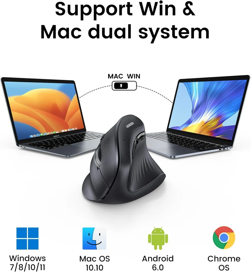 Ugreen Multi-Mode 4000DPI Wireless Vertical Mouse (Black, White) (MU008/25444, 45759)