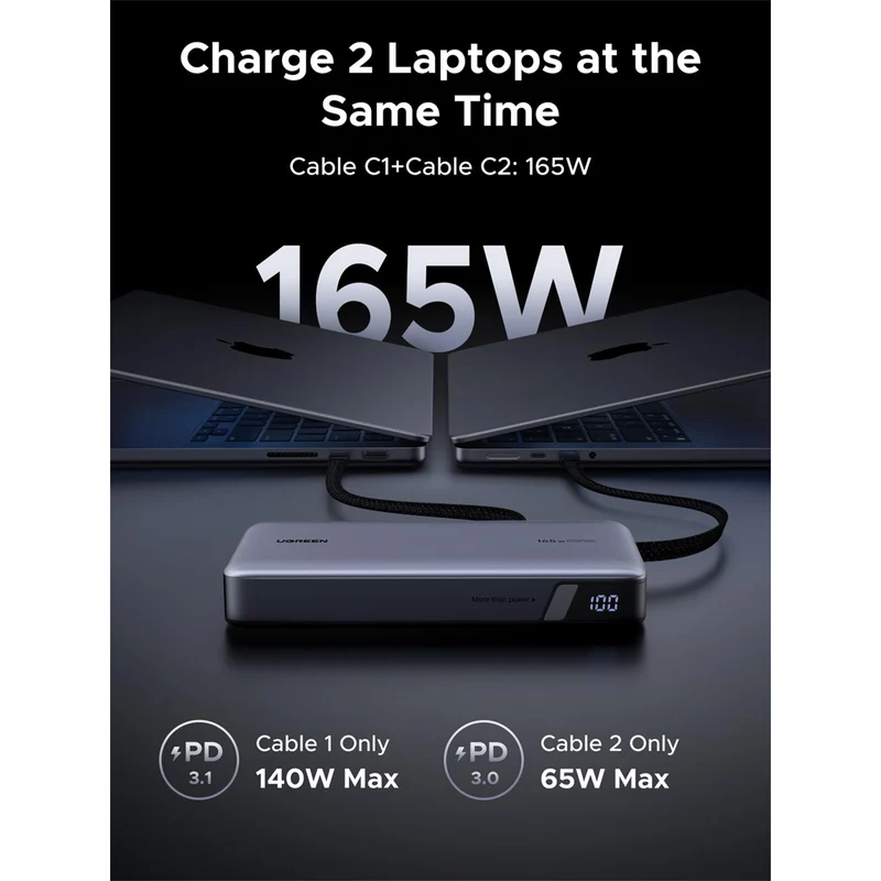 Ugreen 25000mAh 165W Power Bank with Built-in Cable (Space Grey) (PB552/55995B)